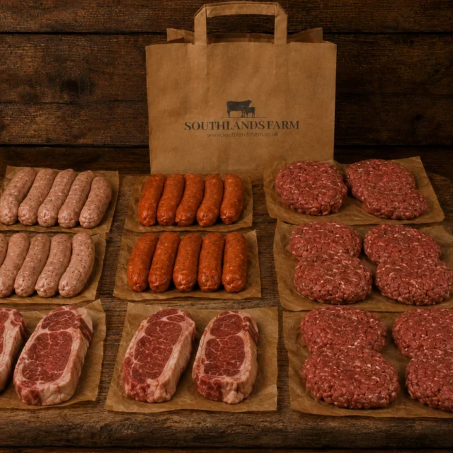 Southlands Farm BBQ Box with steaks, burgers and sausages