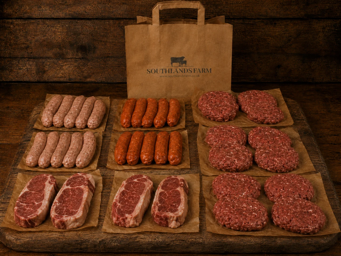 Southlands Farm BBQ Box with steaks, burgers and sausages