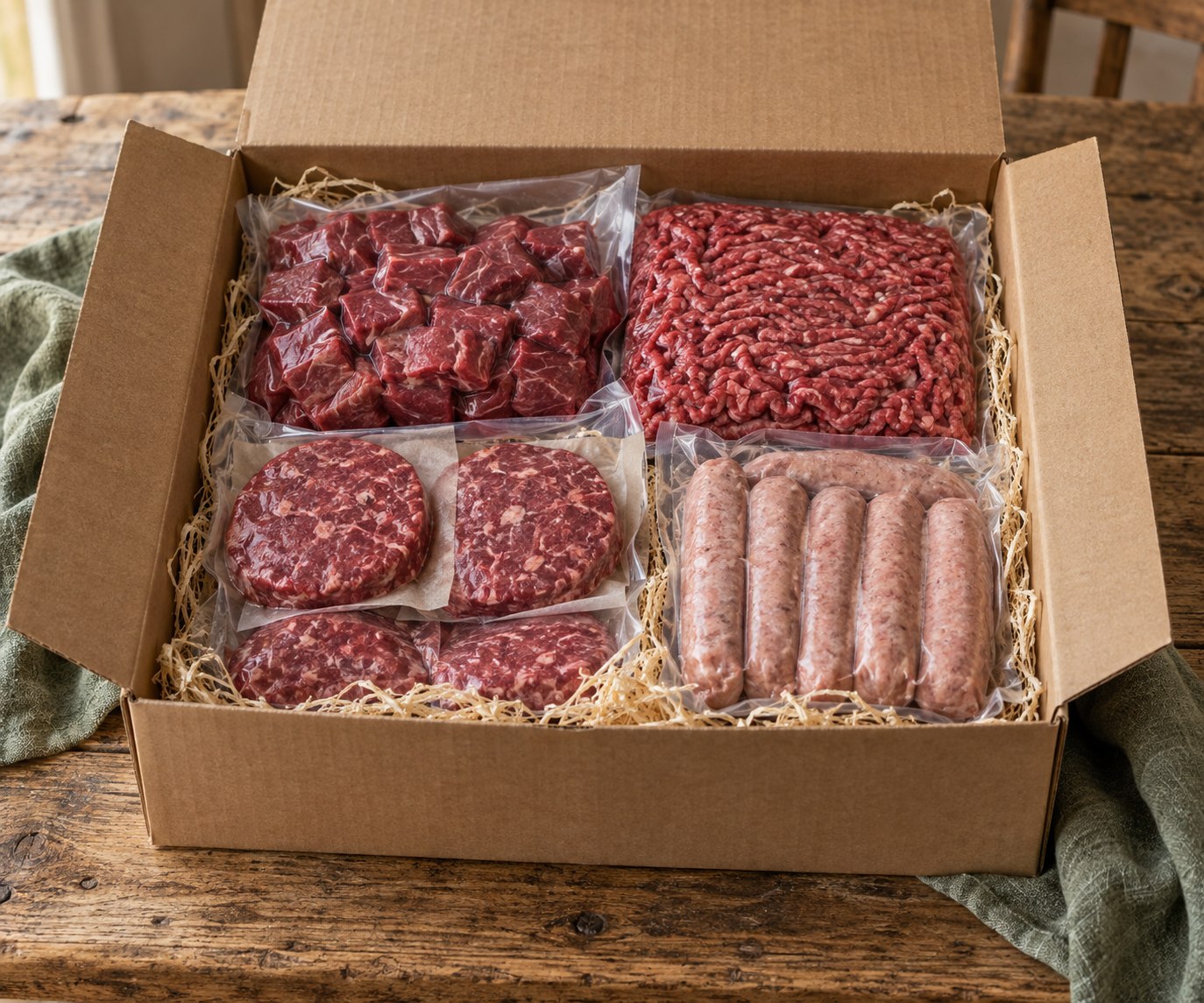 An open meat box containing diced beef, beef mince, beef burgers and pork sausages