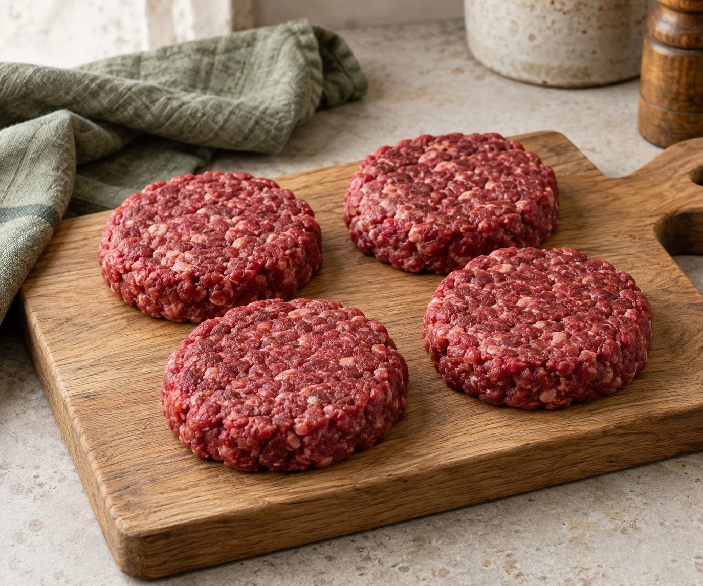 Four uncooked gluten-free beef burgers on a wooden board
