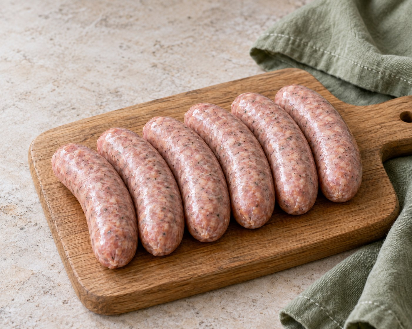 Six uncooked gluten-free pork sausages on a wooden board