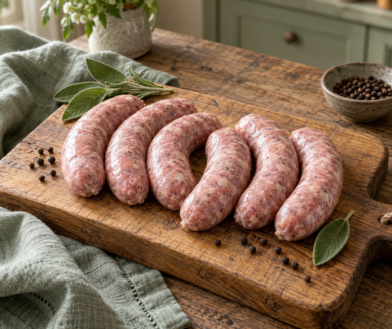 Six uncooked Olde English pork sausages on a wooden board