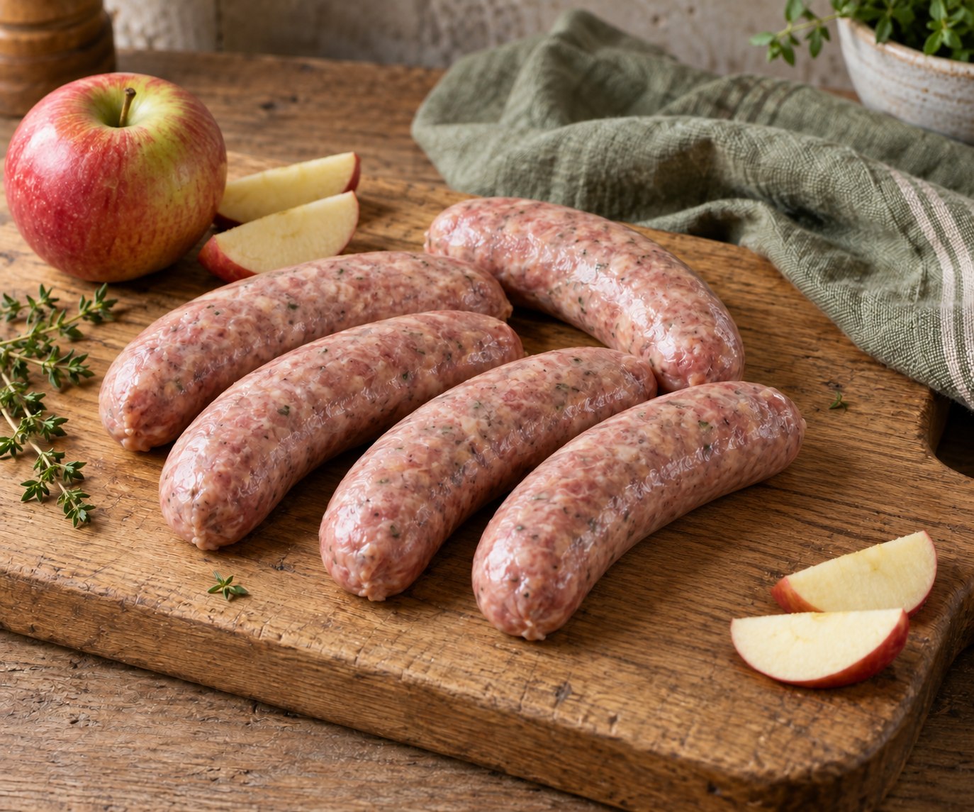 Six uncooked pork and apple sausages on a wooden board with fresh apple